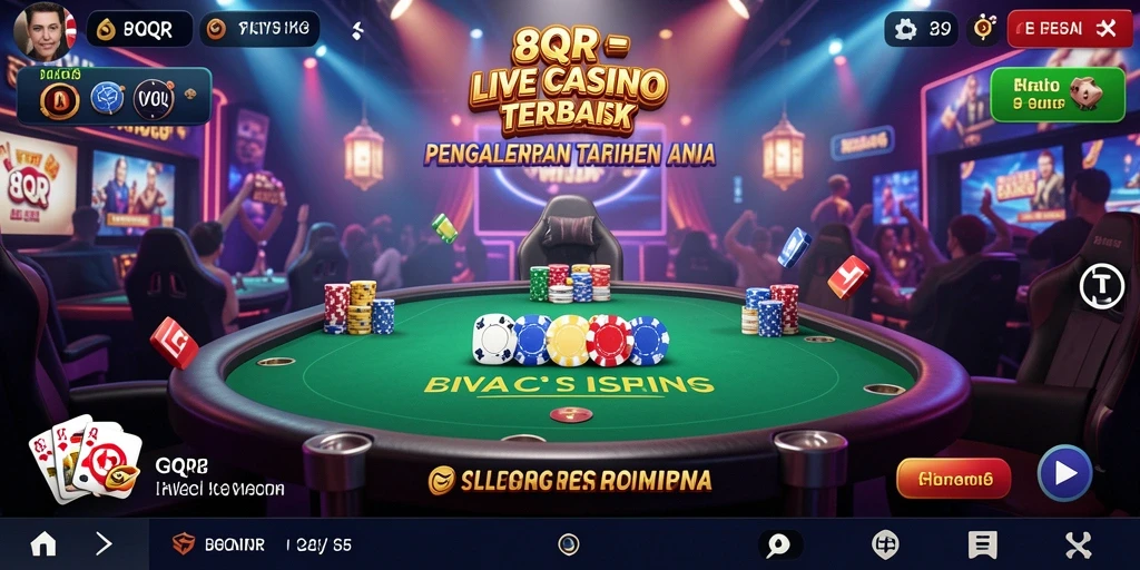Screenshot utama 8QR menampilkan dealer langsung dan pemain dalam suasana kasino.