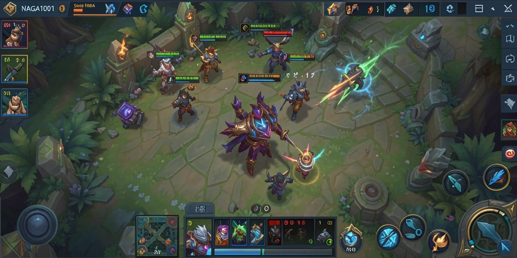 Screenshot NAGA1001 menampilkan pertempuran epik di arena MOBA.