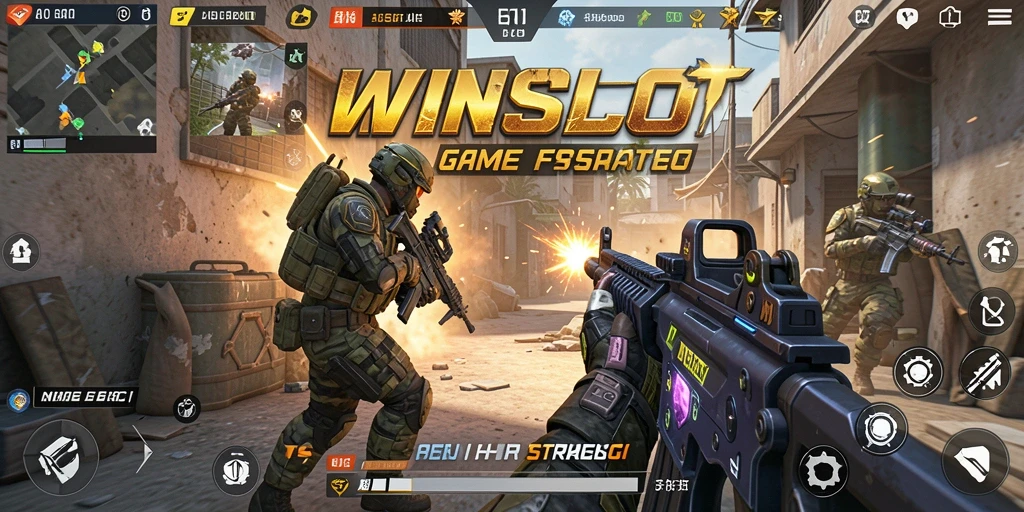 Screenshot utama WINSLOT menampilkan aksi seru dalam pertempuran FPS.